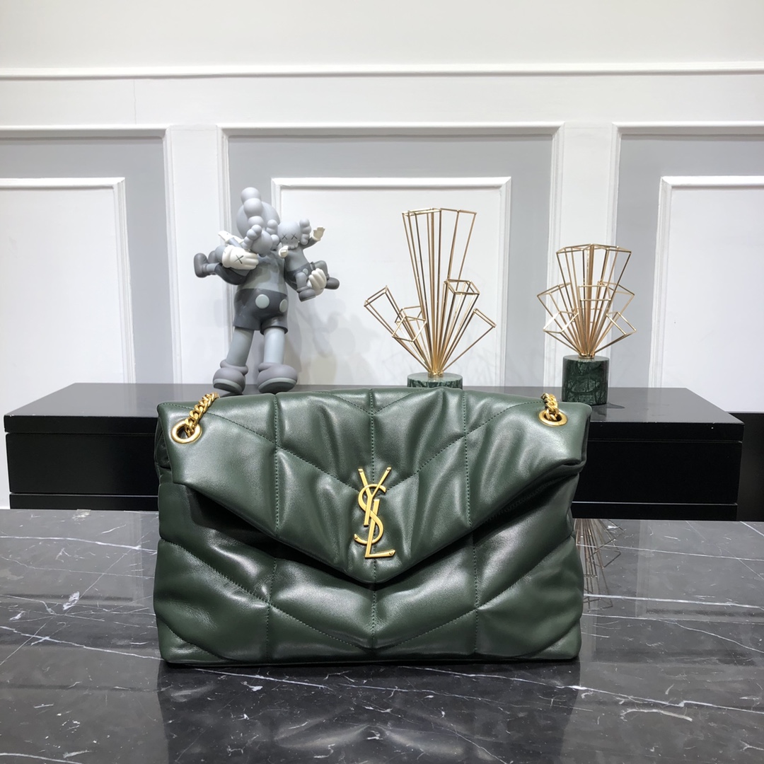 Saint Laurent Loulou Puffer Lambskin Shoulder Bag Handbag Dark Green 577475 Gold